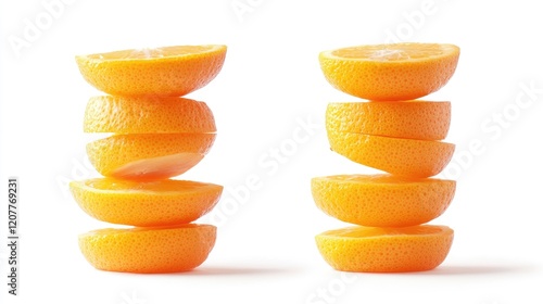 Halved orange slices stacked artistically on a clean white background showcasing vibrant colors and fresh fruit appeal
