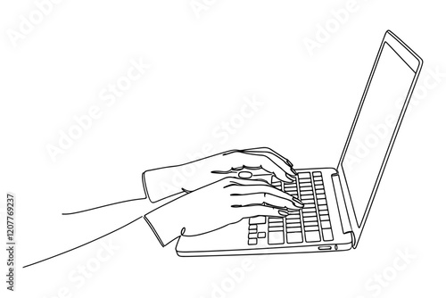 One line art of hands typing on a laptop keyboard. vector illustration