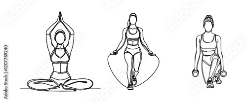 Line art of fitness girl holding dumbbells, skipping rope and yoga exercises enjoy workout activity. vector illustration
