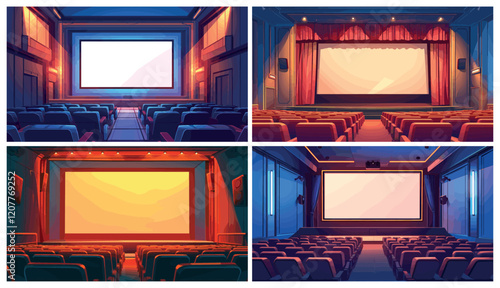Cinema interior. Empty movie theater hall red chair rows screen stage curtains, show event scene vector illustration