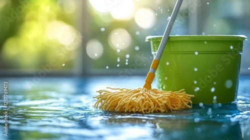 Towels and cleaning supplies by a sparkling swimming pool on a sunny day