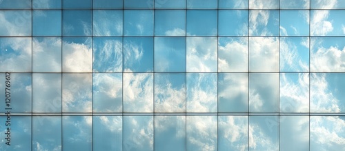 Modern office building with glass facade reflecting blue sky and clouds, emphasizing clear reflections and ample negative space for text. photo