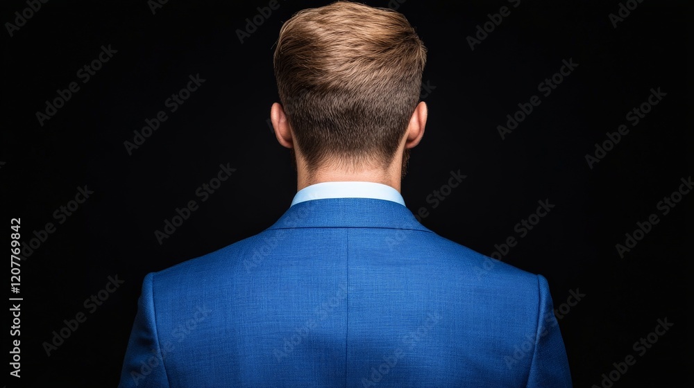 The Unknown Path: A man in a crisp blue suit, with his back to the camera, stands against a dark backdrop, symbolizing the enigmatic and uncertain future that lies ahead.  