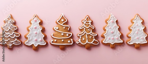 Decorative Gingerbread Christmas Trees with Icing on Soft Pink Background Festive Holiday Theme Blank Space for Text Copy photo