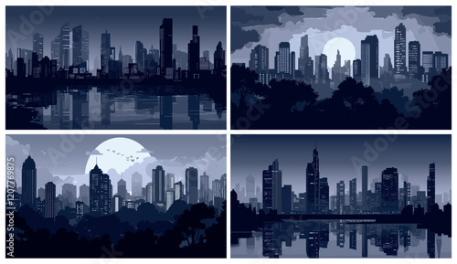 City skyscrapers. Urban skyline with illuminated towers, night sky, cityscape architecture building panorama silhouette vector illustration