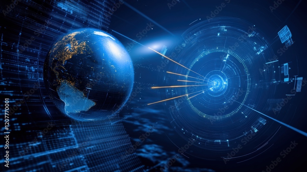 Obraz premium Futuristic Digital World Concept with Earth and Data Visualization