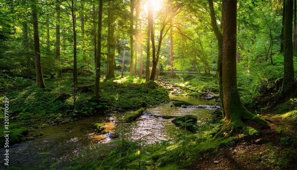 Obraz premium lush green forest scene with sunlight filtering through trees and gentle stream in the background