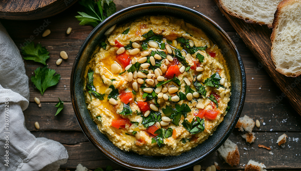 Hummus in a bowl with vegetables (red pepper) pine nuts and bread, close-up, horizontal Hummus in a bowl with vegetables (red pepper) pine nuts and bread, close-up, horizontal