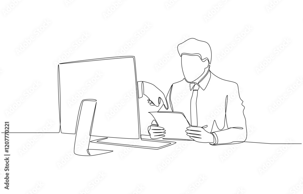 Continuous one line drawing of employee looking at work order document from boss, office working, suggestion for correcting work from supervisor concept, single line art Continuous one line drawing of employee looking at work order document from boss, office working, suggestion for correcting work from supervisor concept, single line art