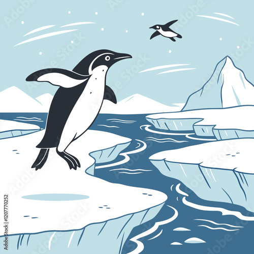 Adelie Penguin Jumping Between Two Ice Floes in the Antarctic
