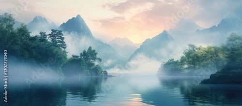 Tranquil Misty Lake at Dawn Surrounded by Lush Trees and Majestic Mountains with Space for Text or Branding