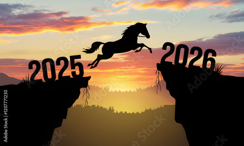 Celebrate the Year of the Horse in 2026 with bold silhouette horse illustrations. Happy Chinese new year 2026, year of horse. Horse leaping over the edge