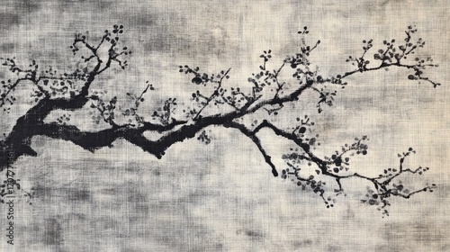 Traditional Japanese ink painting on textured gray fabric depicting a serene tree branch with blossoms.