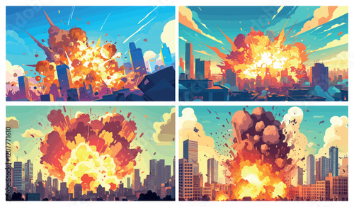 Explosion in city. Urban landscape bomb fire smoke cloud, terror war weapon nuclear bomb damage vector illustration