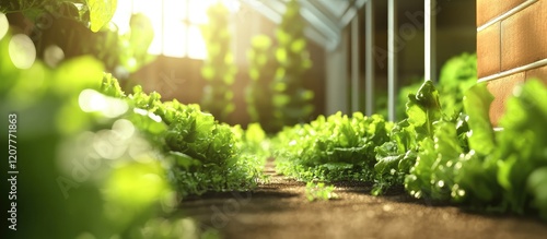 Green Grass Roots Lettuce Salad Growing in Lush Greenhouse with Sunlight Filtering Through Glass Windows and Empty Space for Text