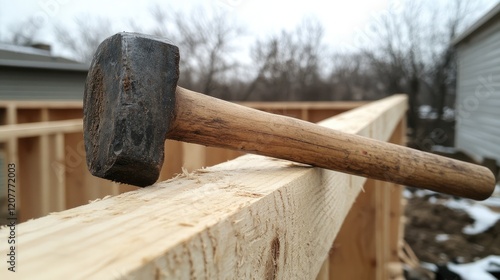 Hammer resting on a wooden beam during construction project showcasing tools and materials in a building environment photo