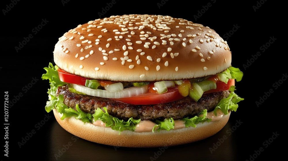 Classic hamburger with fresh vegetables on dark background showcasing iconic fast food appeal Classic hamburger with fresh vegetables on dark background showcasing iconic fast food appeal