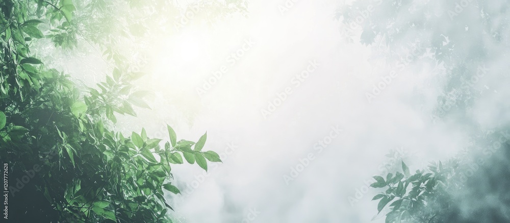 Obraz premium Misty rainforest clearing with sunlight filtering through leaves providing serene atmosphere and space for text placement