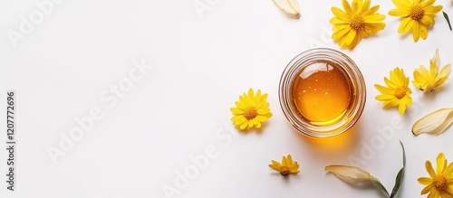 Honey Jar Surrounded by Yellow Aster Flowers on White Background Top View with Empty Space for Text Creative Layout for Product Design