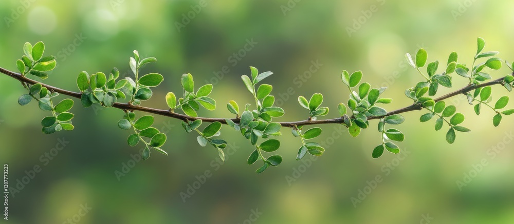 Fresh green branch adorned with vibrant leaves set against a softly blurred spring forest background featuring soft light and ample copy space. Fresh green branch adorned with vibrant leaves set against a softly blurred spring forest background featuring soft light and ample copy space.