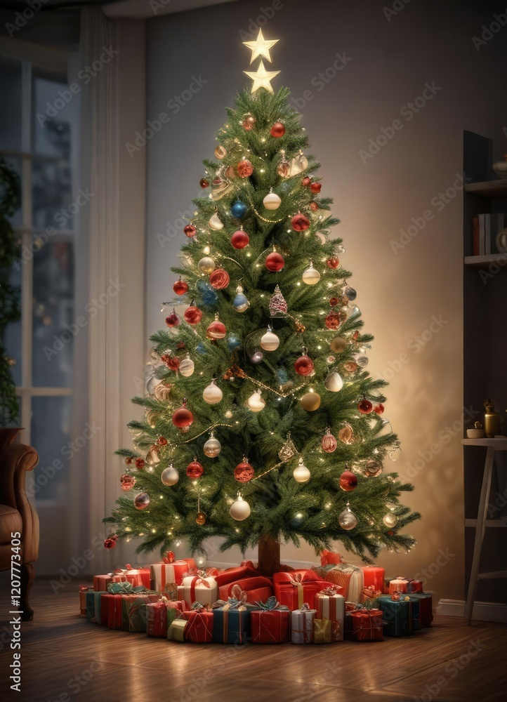 Christmas tree decorated with ornaments and lights, decorative, tree ornaments, string lights Christmas tree decorated with ornaments and lights, decorative, tree ornaments, string lights
