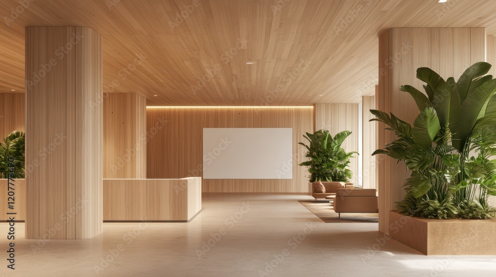 Fototapeta premium The wooden open space office interior features a blank wall, emphasizing the minimalist and spacious design.