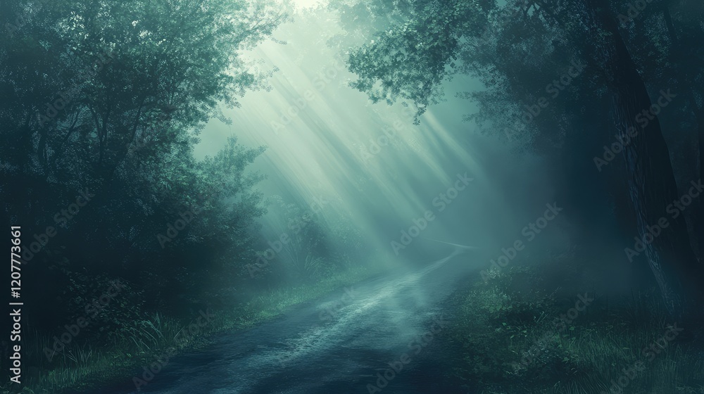 Serene Morning Landscape with Foggy Empty Road Rays of Light Filtering Through Lush Green Trees in Soft Ethereal Atmosphere Serene Morning Landscape with Foggy Empty Road Rays of Light Filtering Through Lush Green Trees in Soft Ethereal Atmosphere