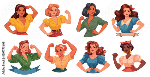 Girl power. Cartoon strong female diverse characters flexing muscles, international women day 8 march, feminism celebration set vector illustration