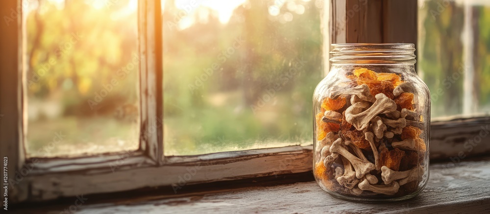 Glass jar containing assorted bones and dried fruits positioned on a warm-toned windowsill with natural sunlight and ample copy space for text. Glass jar containing assorted bones and dried fruits positioned on a warm-toned windowsill with natural sunlight and ample copy space for text.