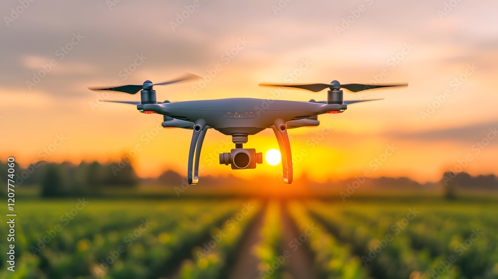 High-Tech Drones Monitoring Cornfield Growth and Yield at Sunset High-Tech Drones Monitoring Cornfield Growth and Yield at Sunset