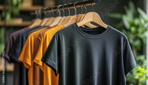 Close-up of various color t-shirts hanging on wooden hangers in a retail store.