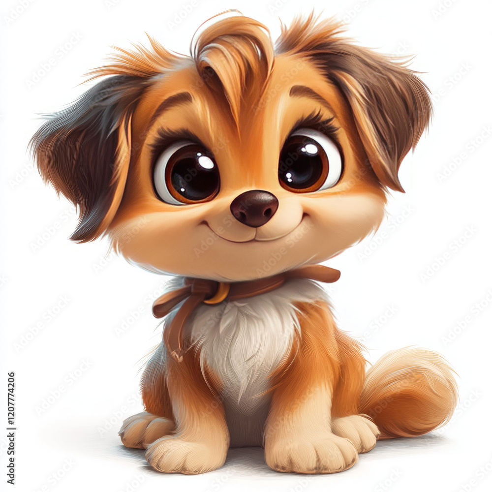 Naklejka premium Cute cartoon puppy with big eyes and a bowtie sitting against a white background