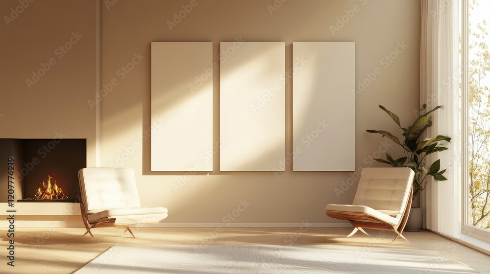 Fototapeta premium Three empty canvases are arranged on a beige wall, providing a versatile backdrop for future artwork or decoration.
