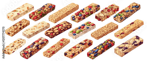 Granola bars. Nutritious energy snack with oats nuts seeds muesli cereal, healthy fitness vegan breakfast diet food set vector illustration