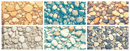 Gravel pattern. Cartoon smooth round pebbles texture, small stones rocks and boulders, natural material vector illustration