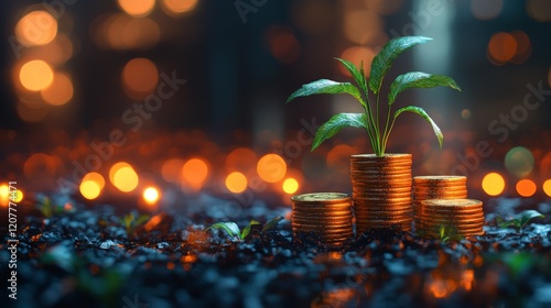 Growth of investment illustrated by coins and upward arrow amidst green plant...