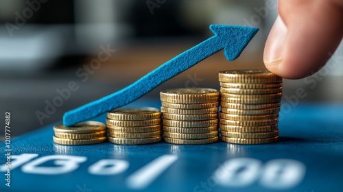 Growth of investment illustrated by coins and upward arrow amidst green plant...