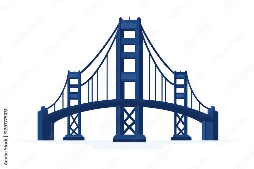Blue vector illustration of a suspension bridge with detailed geometric symmetry, clean design, and modern urban aesthetic for architectural purposes Blue vector illustration of a suspension bridge with detailed geometric symmetry, clean design, and modern urban aesthetic for architectural purposes