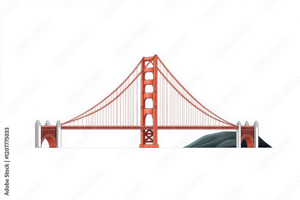 Fototapeta premium Red suspension bridge vector on white background highlighting minimalist design and strong structural symmetry for conceptual engineering illustration