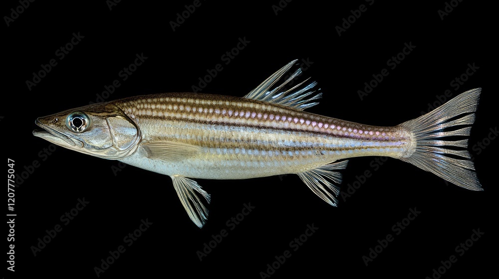 Obraz premium Coastal Brackish Water Mustang Bonefish with Silvery Scales Swimming in Black Background Aquatic Wildlife Photography