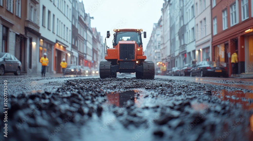 Obraz premium Road repair machine on city street.