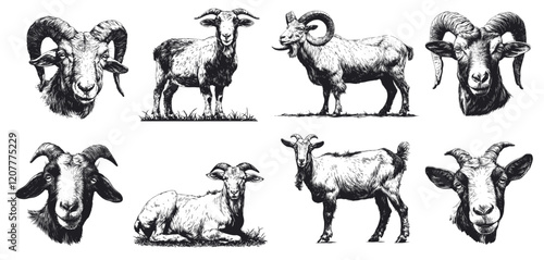 Hand drawn goats. Vintage engraving of farm domestic animal with horns, agriculture livestock milk product mascot set vector illustration