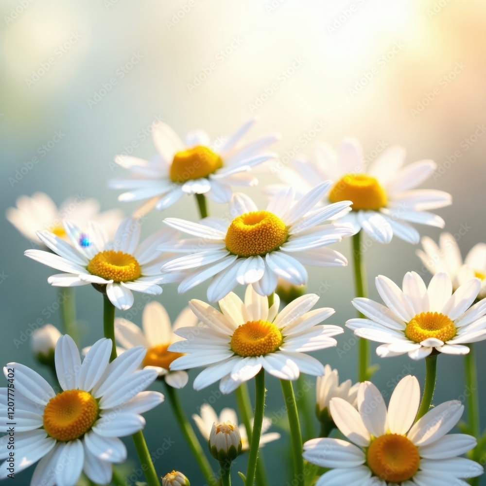 Fototapeta premium Sunlit daisies bloom on a snow-white background, spring, blooms