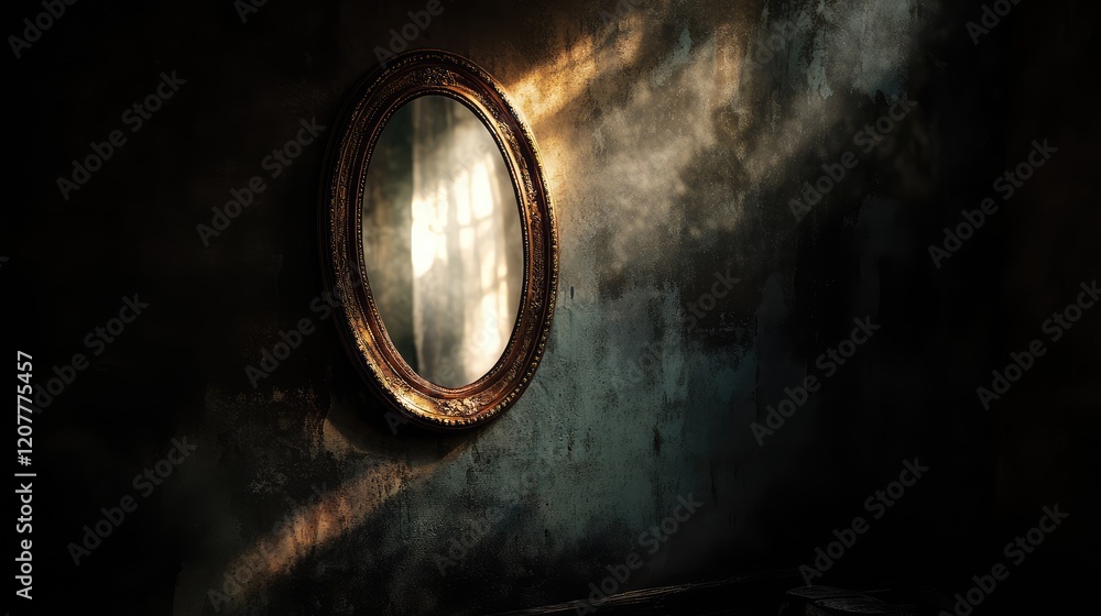 Dimly Lit Room with Antique Mirror Reflecting Soft Light and Shadow Play on Textured Walls in Muted Green and Brown Tones Dimly Lit Room with Antique Mirror Reflecting Soft Light and Shadow Play on Textured Walls in Muted Green and Brown Tones