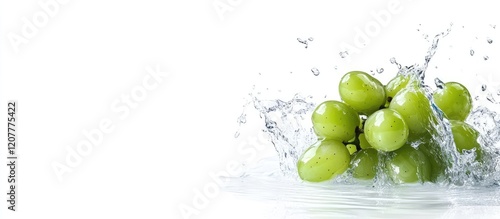 Fresh green grapes immersed in clear water with splashes, isolated on bright white background, ideal for product advertising and text insertion.