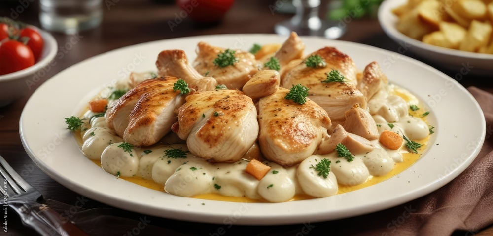 Chicken dish in a rich and flavorful garlicky cream sauce, aromatic spices, upscale cuisine, garlicky cream sauce Chicken dish in a rich and flavorful garlicky cream sauce, aromatic spices, upscale cuisine, garlicky cream sauce