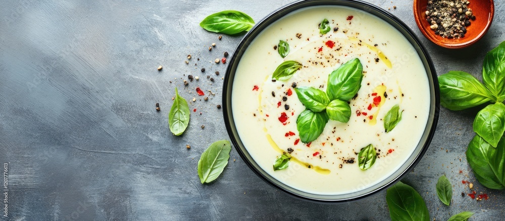Creamy soup in a black bowl garnished with basil leaves and red pepper flakes on a textured grey background with copy space Creamy soup in a black bowl garnished with basil leaves and red pepper flakes on a textured grey background with copy space