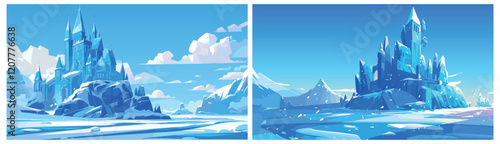 Ice castle. Frozen medieval snow palace, fairy tale winter landscape mountain peaks, fantasy frost world vector illustration