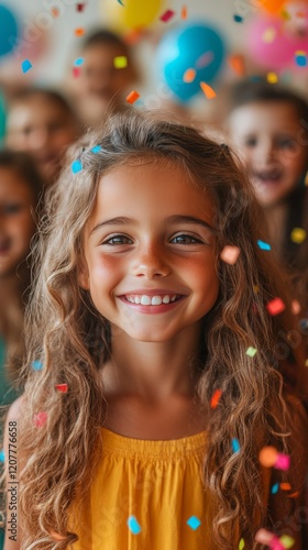 Smiling girl with confetti in hair celebrating at outdoor party on sunny day