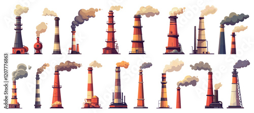 Industrial chimneys. Factory pipes smoke, environment pollution concept, manufacturing production construction set vector illustration